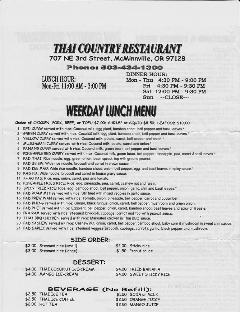 Thai Country Restaurant - Mcminnville, OR menu_pic