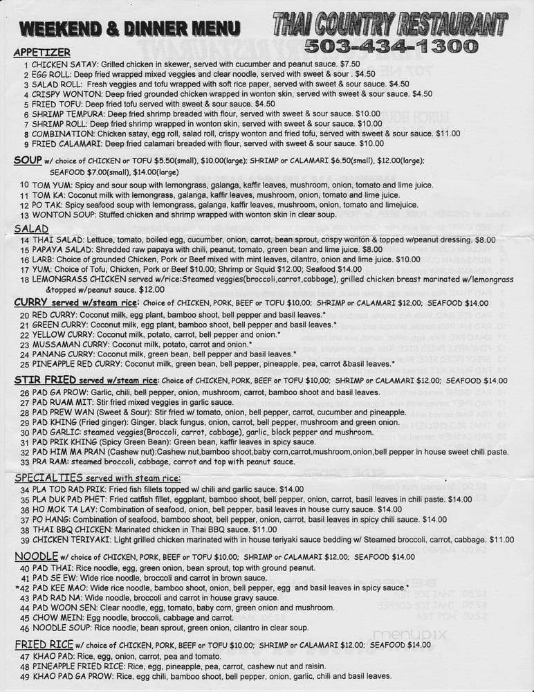 Thai Country Restaurant - Mcminnville, OR menu_pic