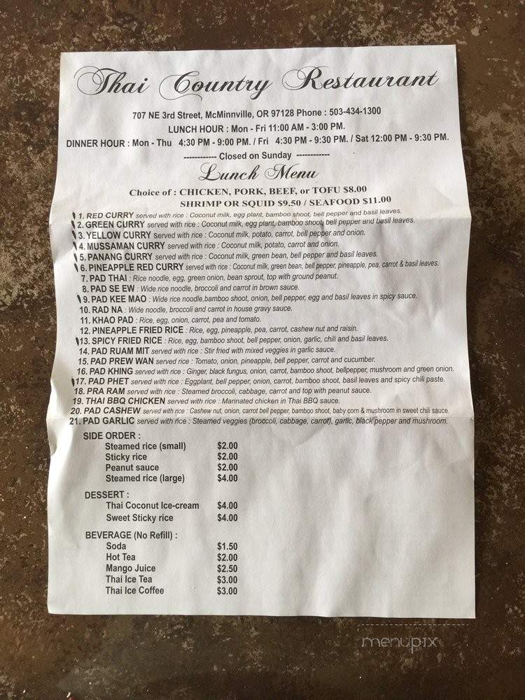Thai Country Restaurant - Mcminnville, OR menu_pic