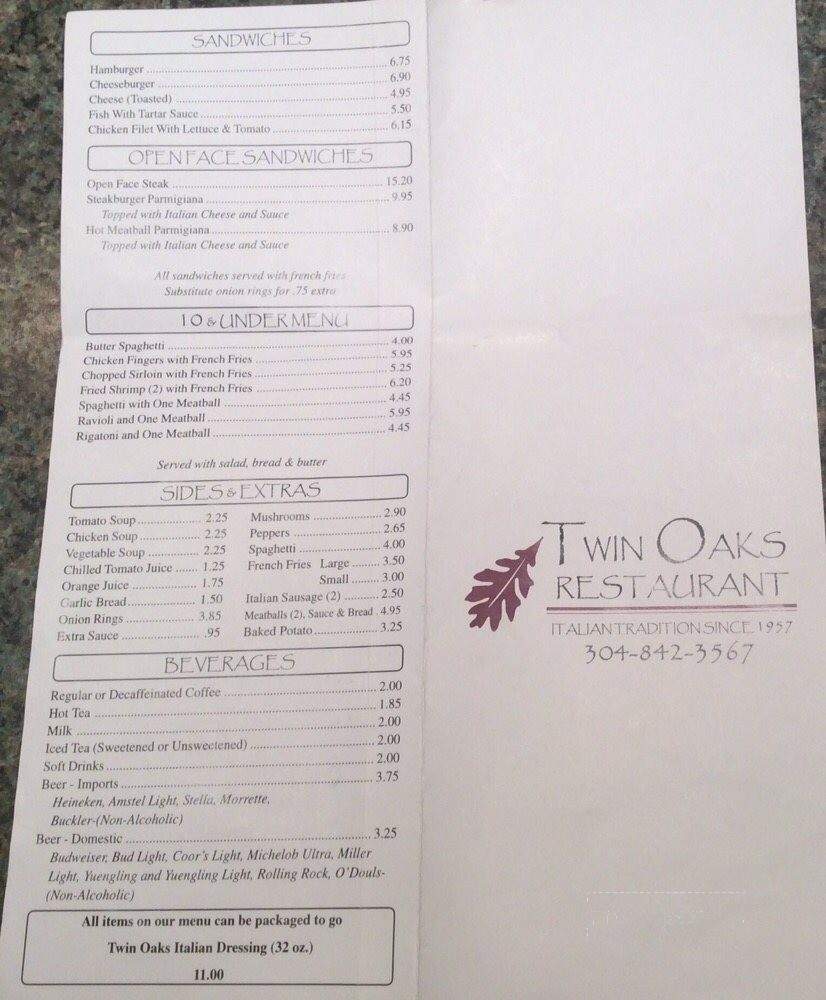 Twin Oaks Restaurant - Bridgeport, WV menu_pic