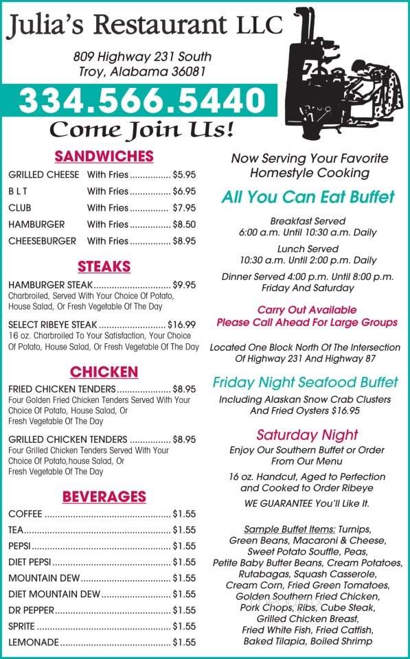 Julia's Restaurant - Troy, AL menu_pic