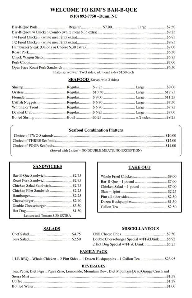 Kim's Barbecue House - Dunn, NC menu_pic