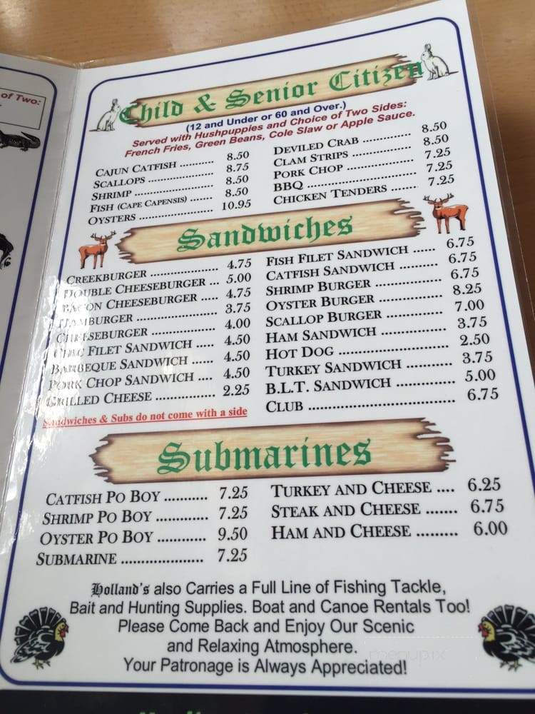Holland's Shelter Creek Fish Camp - Burgaw, NC menu_pic