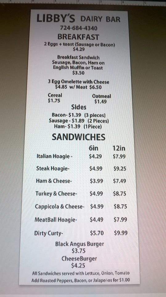 Libby's Dairy Bar - Monessen, PA menu_pic
