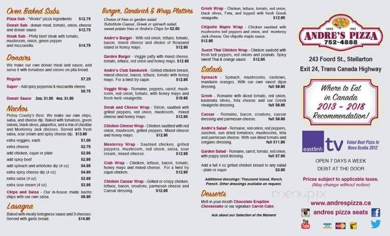 Andre's Seats Restaurant - Stellarton, NS menu_pic
