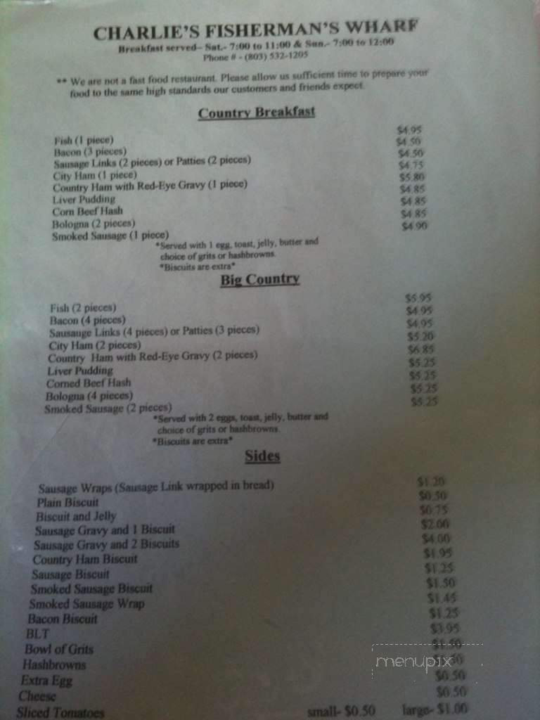 Charlie's Fisherman's Wharf - Leesville, SC menu_pic