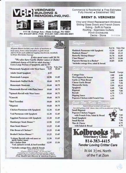 Jim's Italian Cuisine - Bellefonte, PA menu_pic