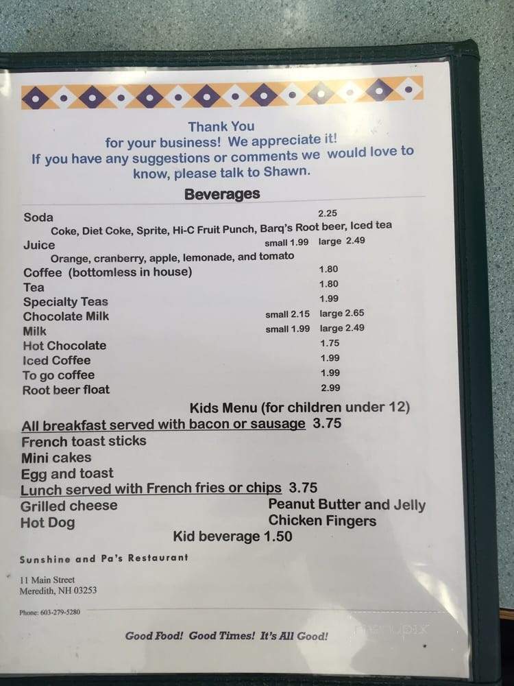 Sunshine & Pa's - Meredith, NH menu_pic