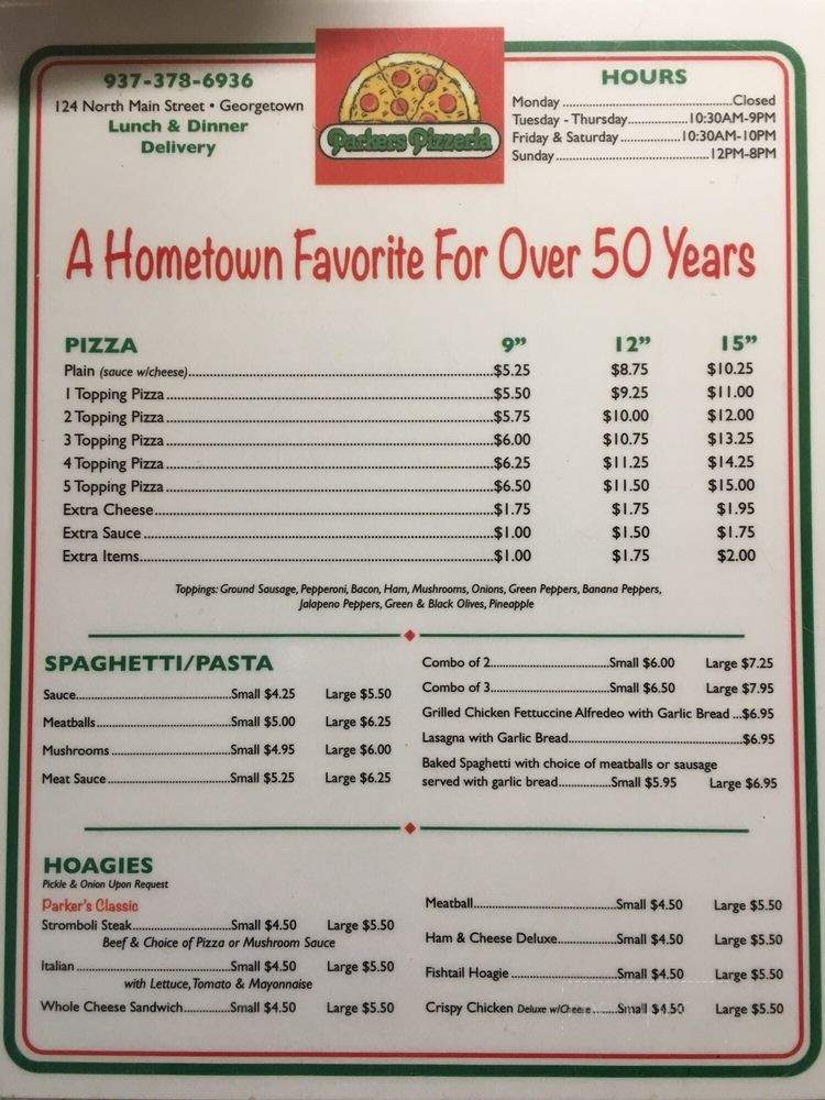 Parker's Pizzeria - Georgetown, OH menu_pic