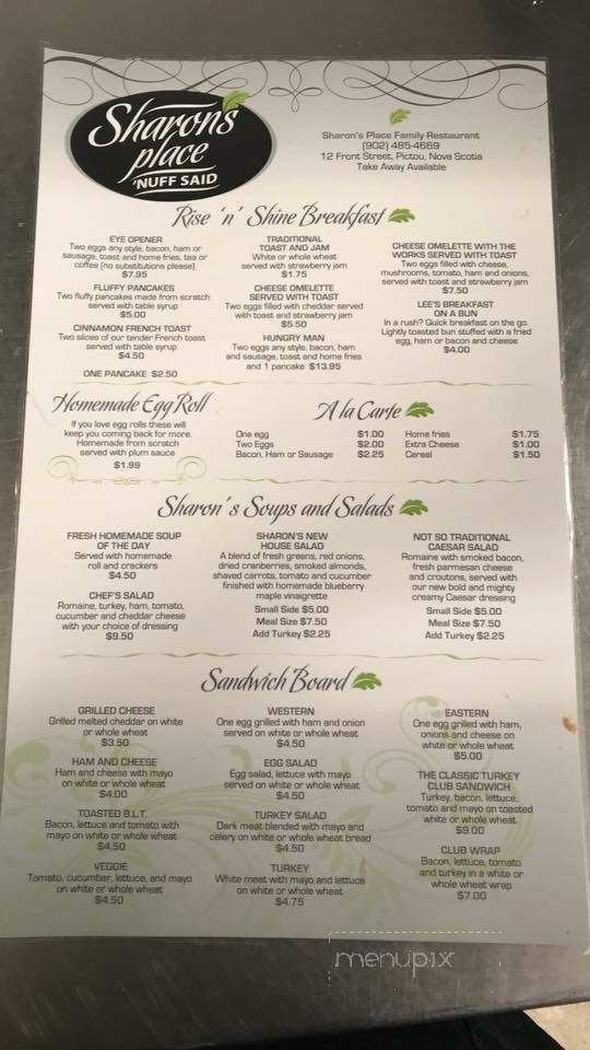 Sharon's Place Family Restaurant - Pictou, NS menu_pic