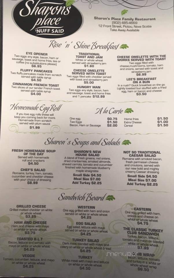 Sharon's Place Family Restaurant - Pictou, NS menu_pic