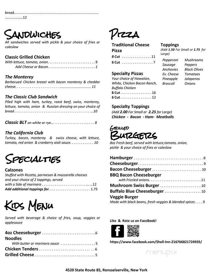 Shell Inn - Westerlo, NY menu_pic