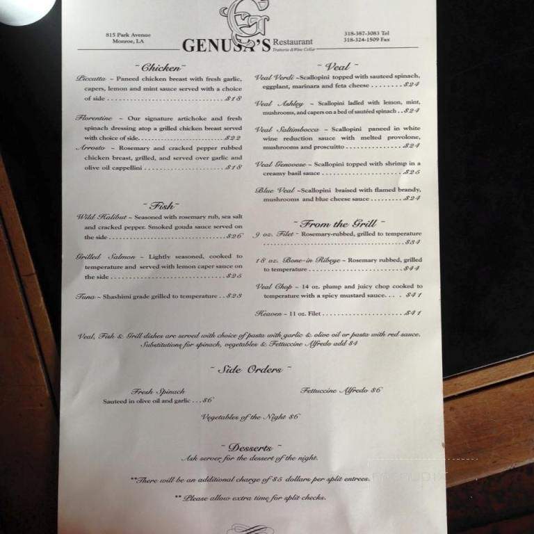 Genusa's Italian Restaurant - Monroe, LA menu_pic