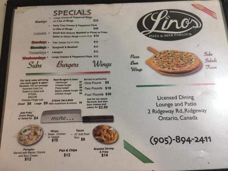 Lino's Pizza Parlour - Ridgeway, ON menu_pic