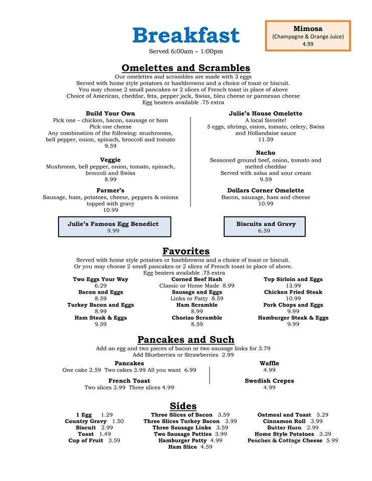 Menu Of Julie S Cottage Kitchen In Battle Ground Wa 98604
