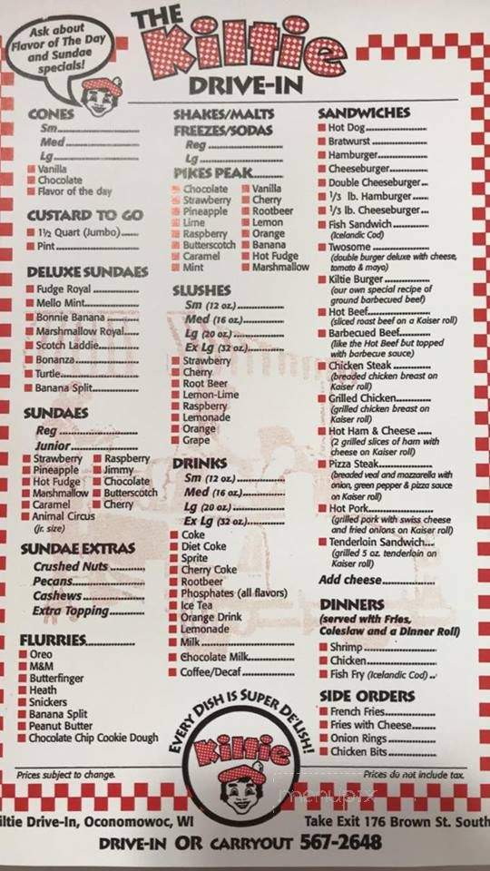Kiltie Drive-In - Oconomowoc, WI menu_pic