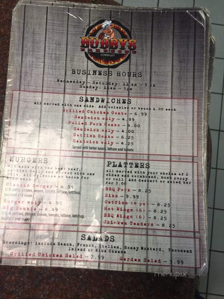 Bubby's BBQ - Corbin, KY menu_pic