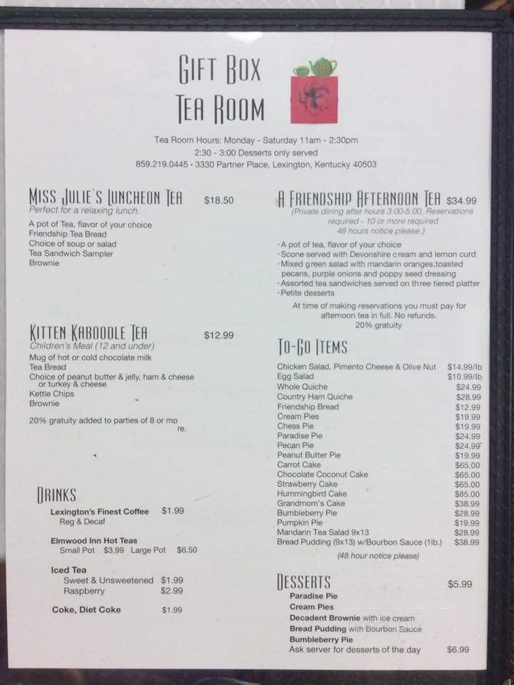 Menu of The Gift Box & Tea Room in Lexington, KY 40503