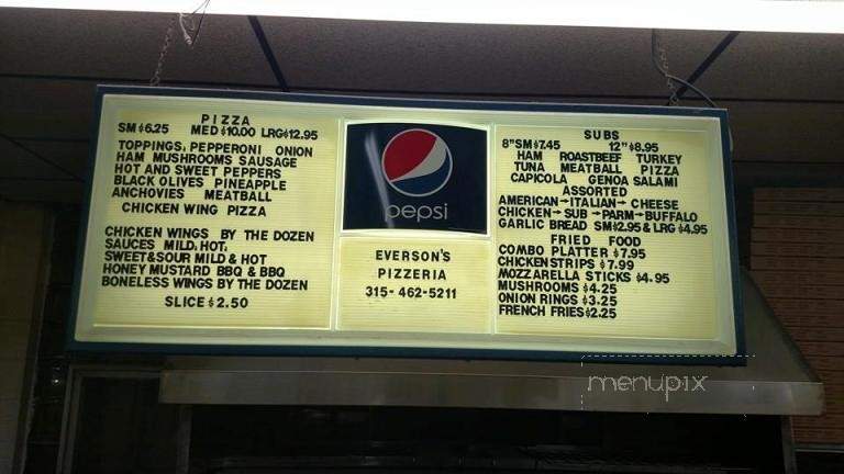 Menu of Everson's Dairy Pizza & Subs in Clifton Springs ...