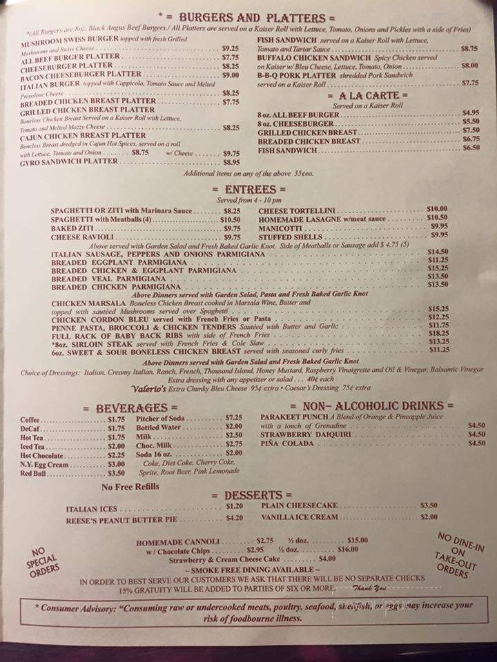 Valerio's Italian Pizzeria - Albrightsville, PA menu_pic