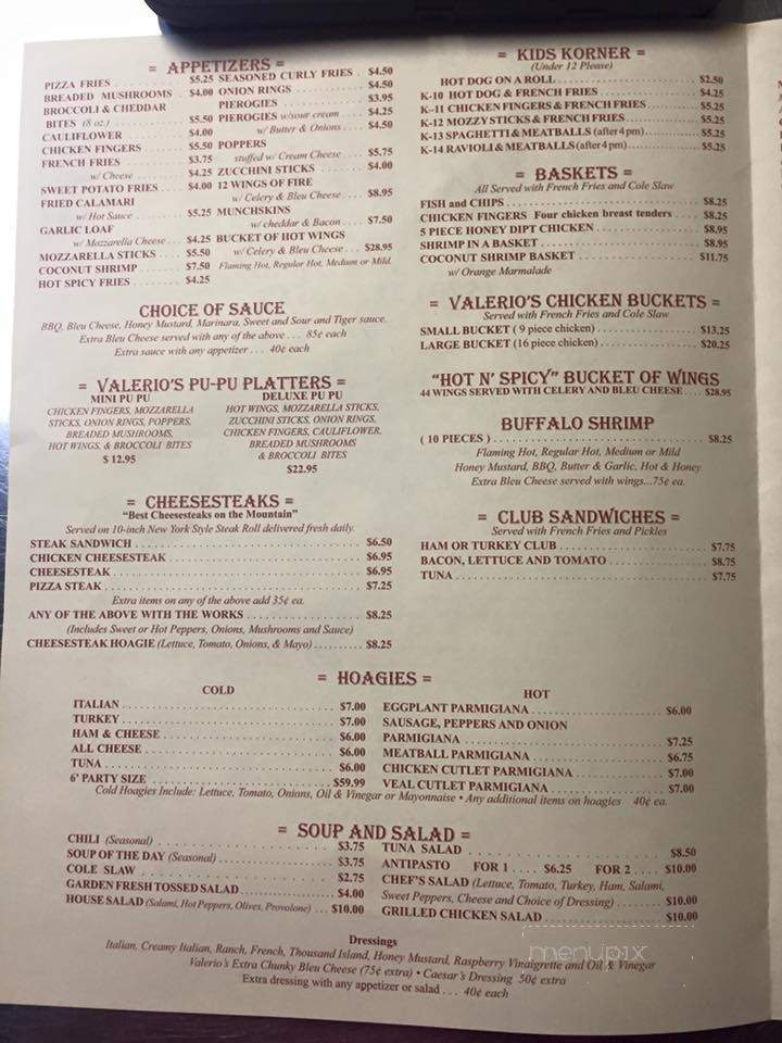 Valerio's Italian Pizzeria - Albrightsville, PA menu_pic