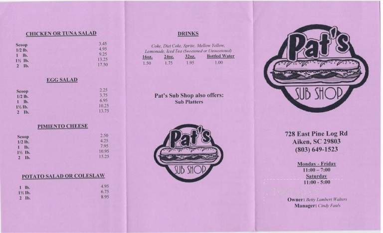 Pat's Sub Shop - Aiken, SC menu_pic