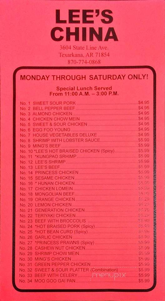 Menu of Lee's Chinese Restaurant in Texarkana, TX 75501