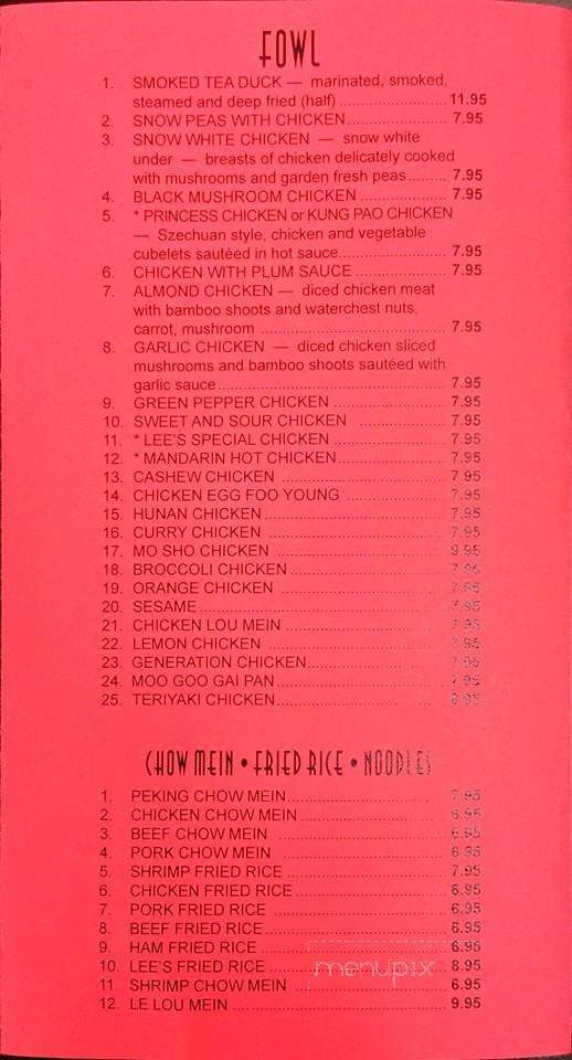 Menu of Lee's Chinese Restaurant in Texarkana, TX 75501