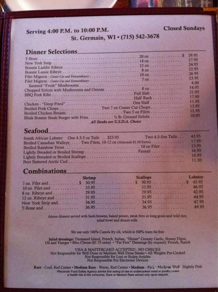 McGregor's Blink Bonnie Club - Saint Germain, WI menu_pic