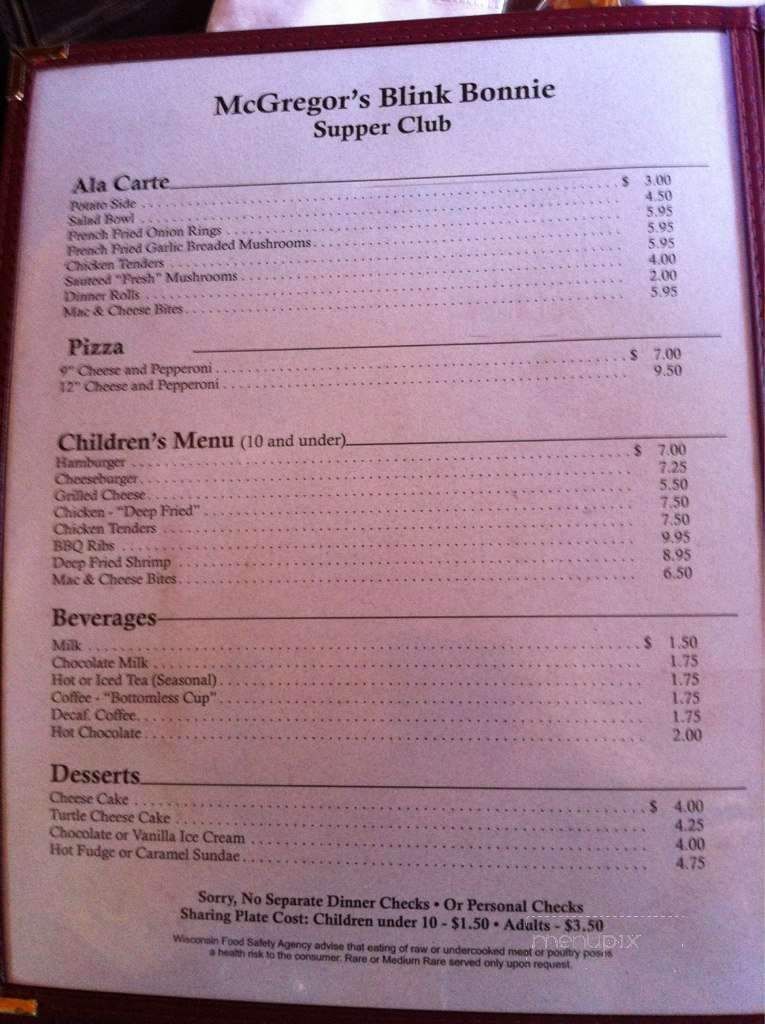 McGregor's Blink Bonnie Club - Saint Germain, WI menu_pic