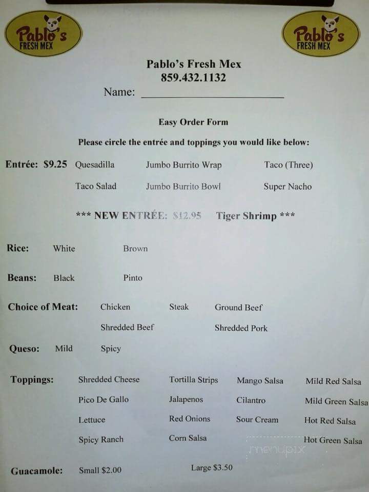 Pablos Fresh Mex - Mount Sterling, KY menu_pic