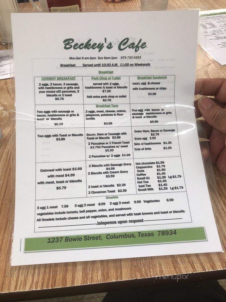 Becky's Cafe - Columbus, TX menu_pic
