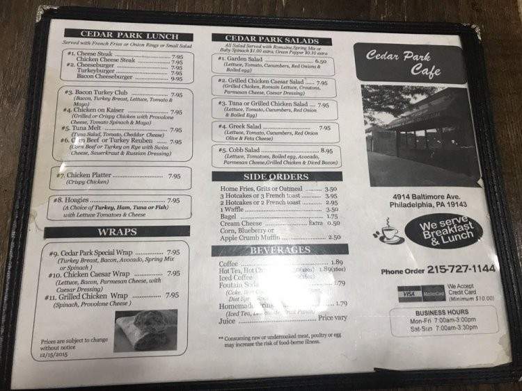 Cedar Park Cafe - Philadelphia, PA menu_pic