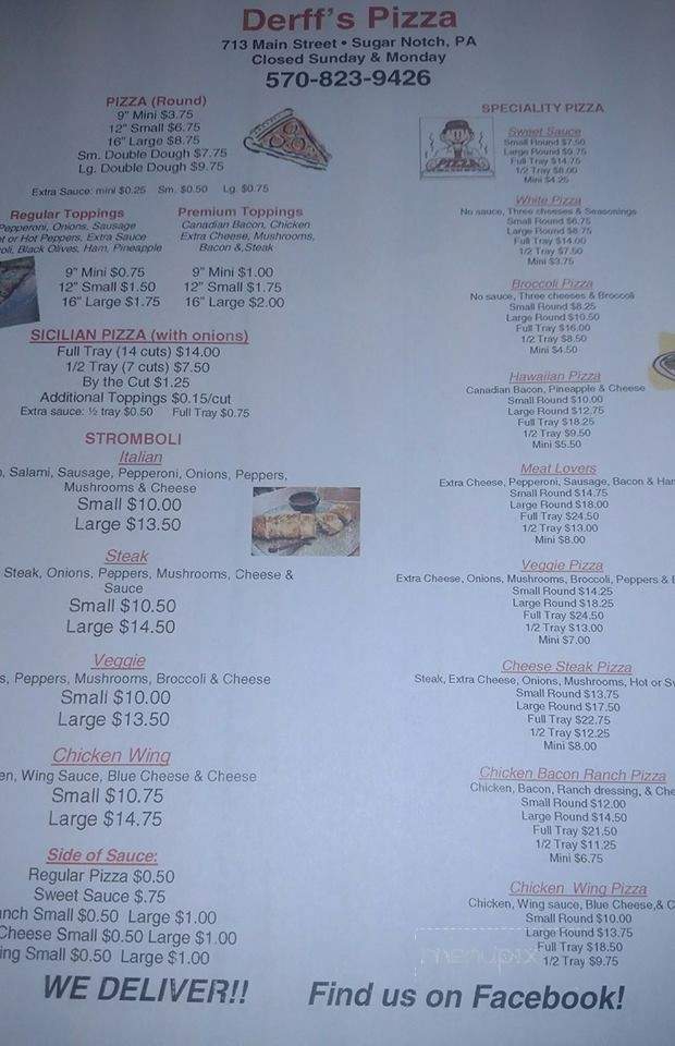Derff's Pizza - Sugar Notch, PA menu_pic