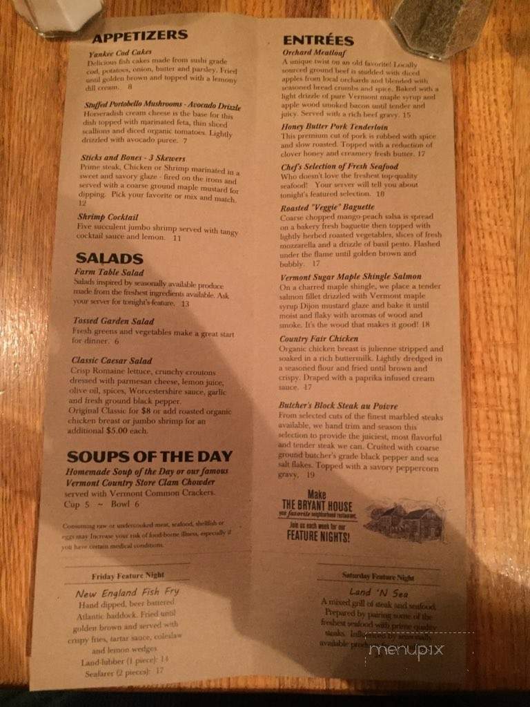 Bryant House Restaurant - Weston, VT menu_pic