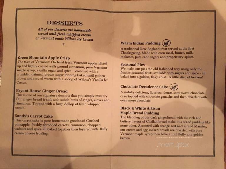 Bryant House Restaurant - Weston, VT menu_pic