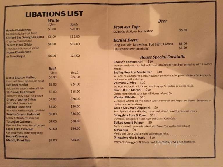 Bryant House Restaurant - Weston, VT menu_pic