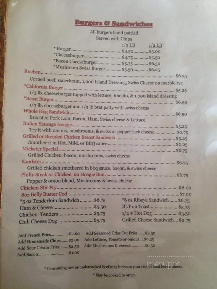 Mickster's Pub and Grill - Clintonville, WI menu_pic