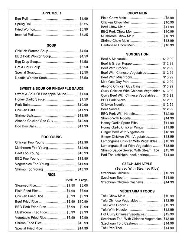 Tran's Place Restaurant - Moncton, NB menu_pic