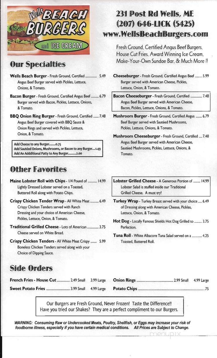 Wells Beach Burgers And Ice Cream - Wells, ME menu_pic