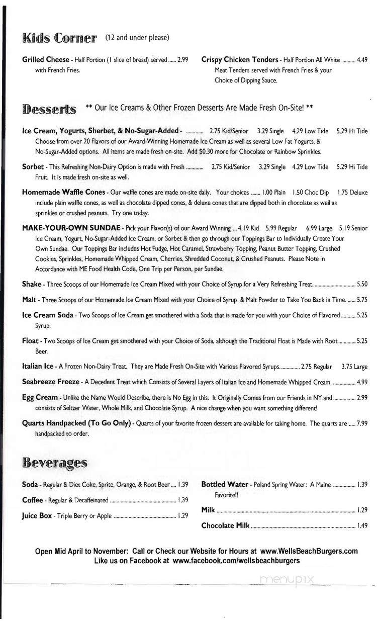 Wells Beach Burgers And Ice Cream - Wells, ME menu_pic