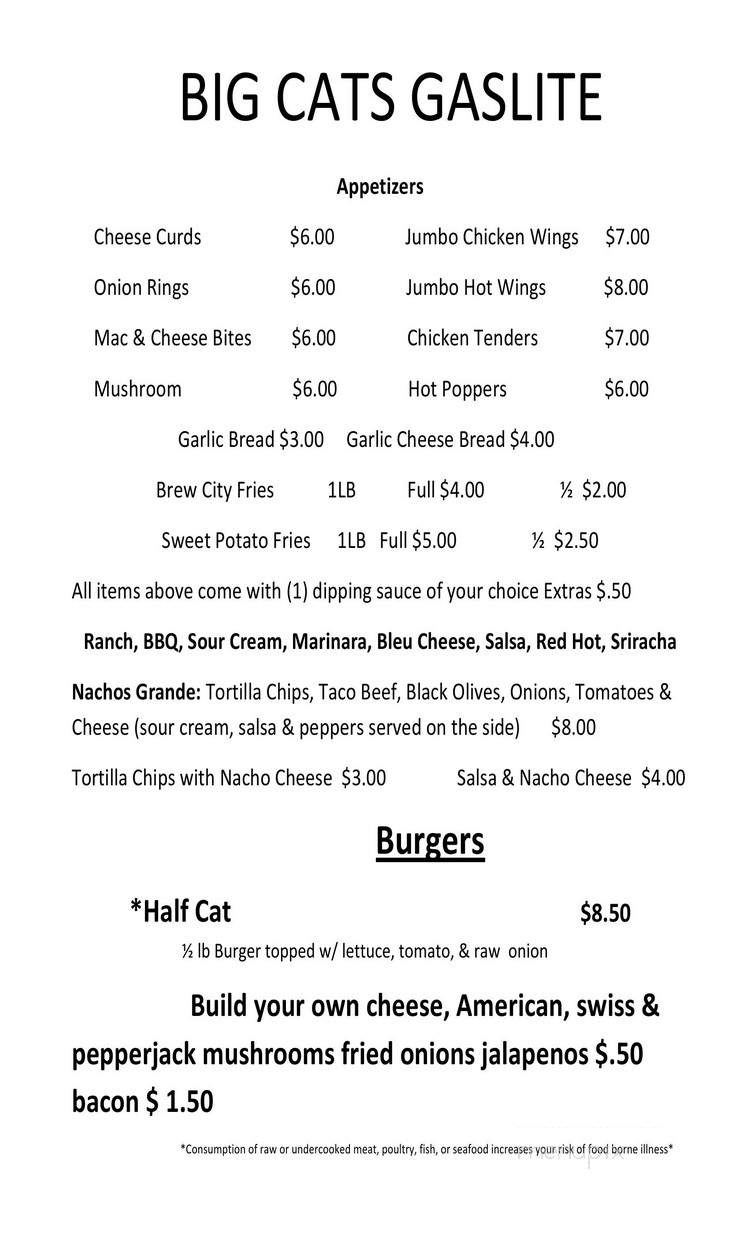 Big Cats Gaslight - Lake Tomahawk, WI menu_pic