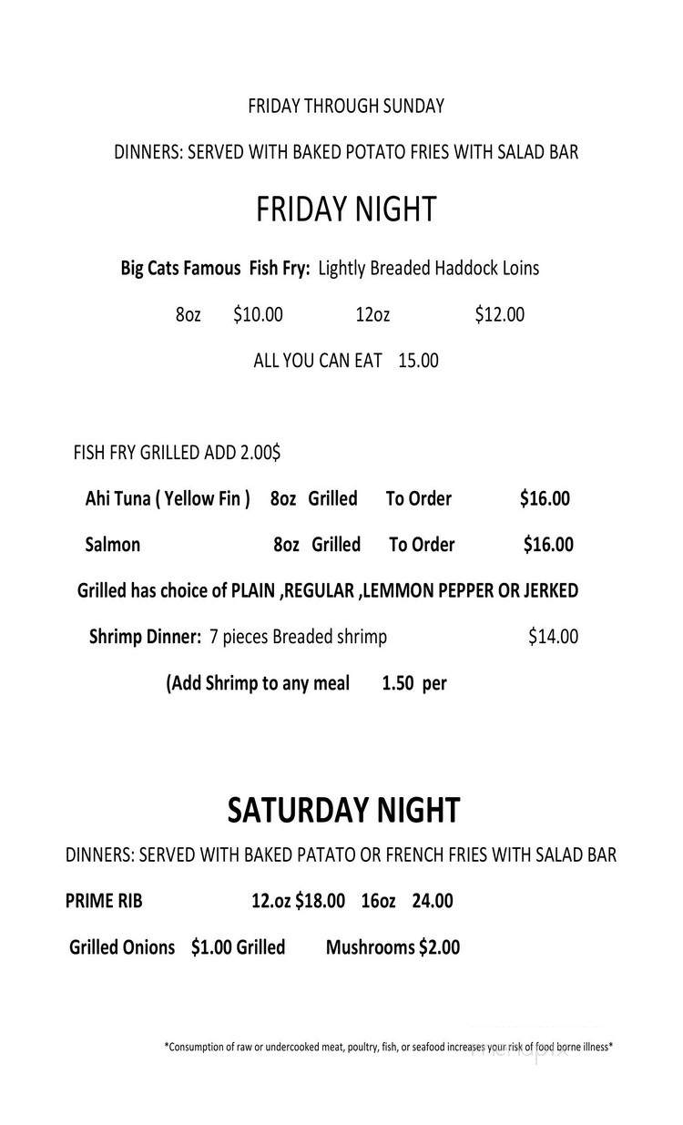 Big Cats Gaslight - Lake Tomahawk, WI menu_pic