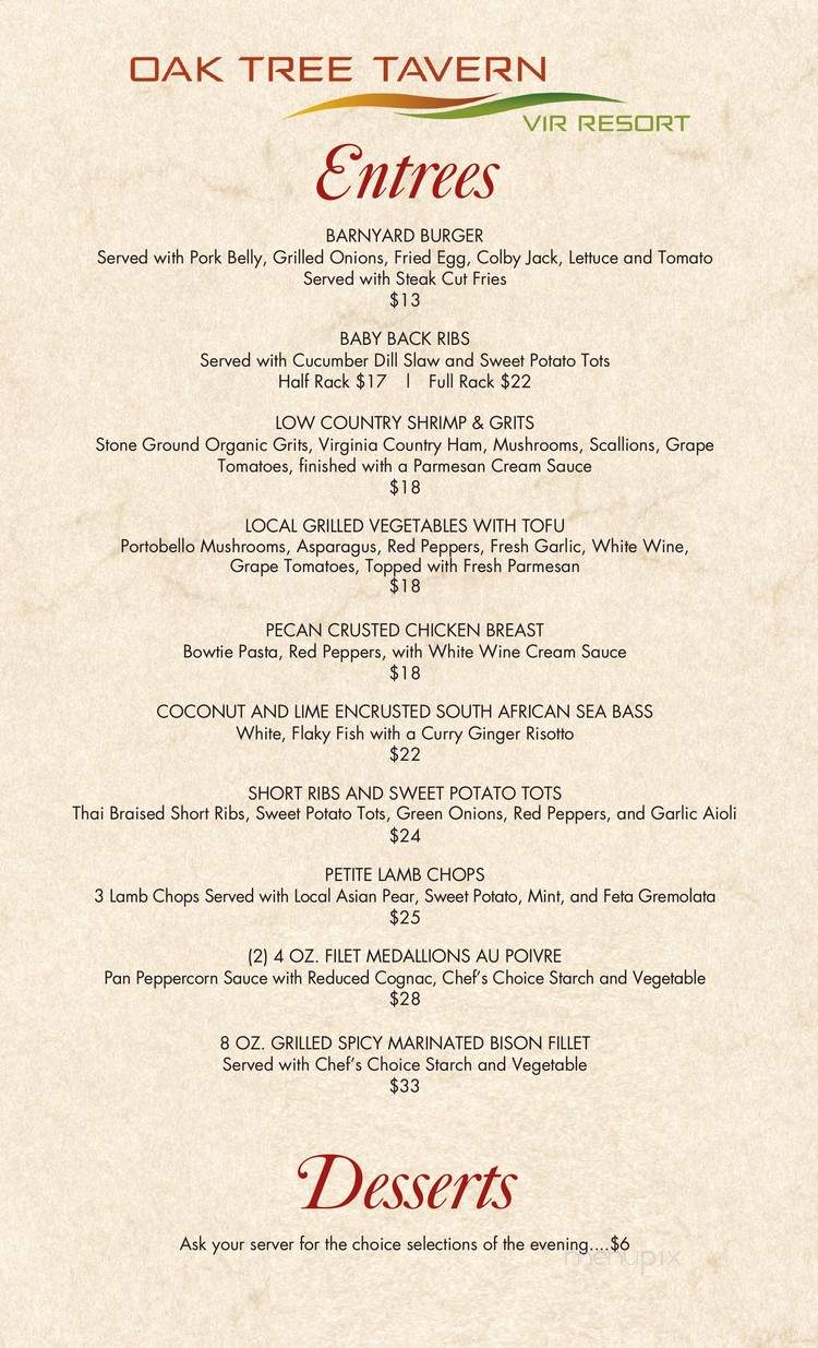 Oak Tree Tavern - Alton, VA menu_pic
