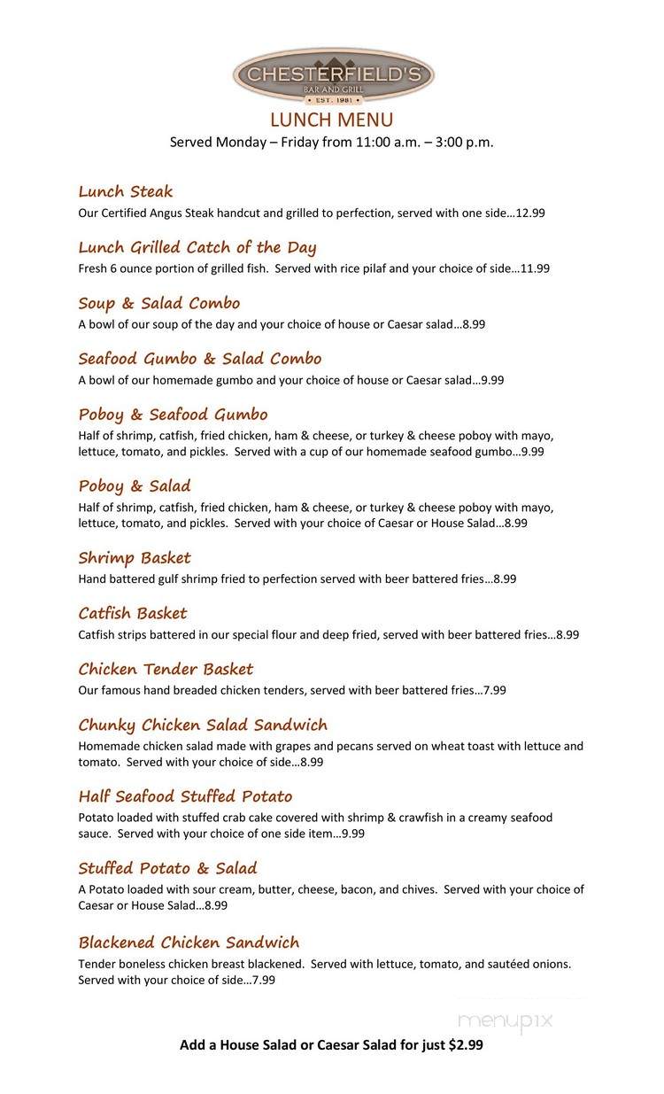Chesterfield's Bar Grill - Slidell, LA menu_pic