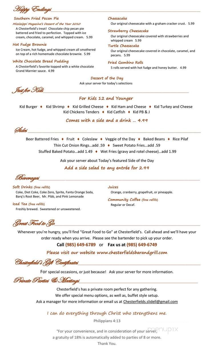 Chesterfield's Bar Grill - Slidell, LA menu_pic