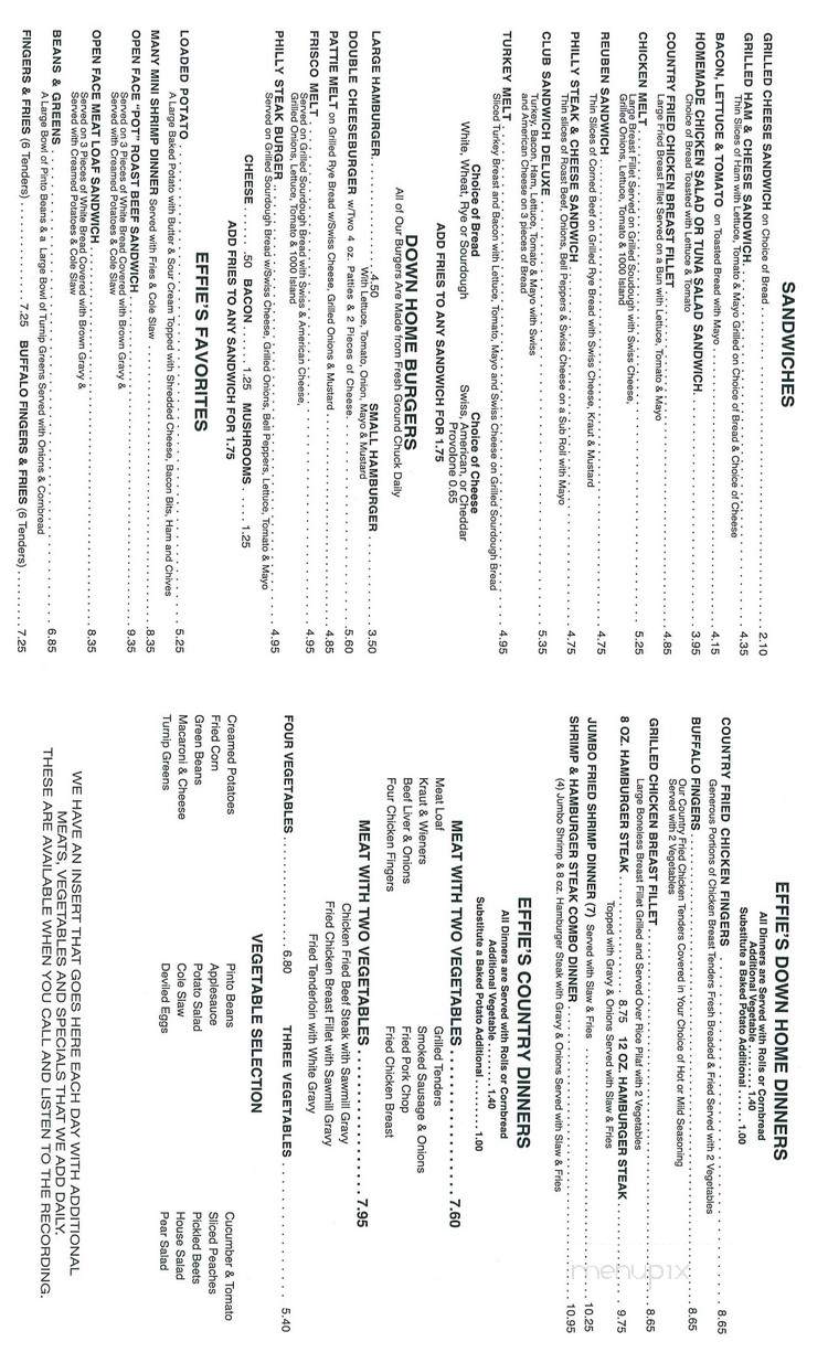 Aunt Effie's Restaurant - Ringgold, GA menu_pic