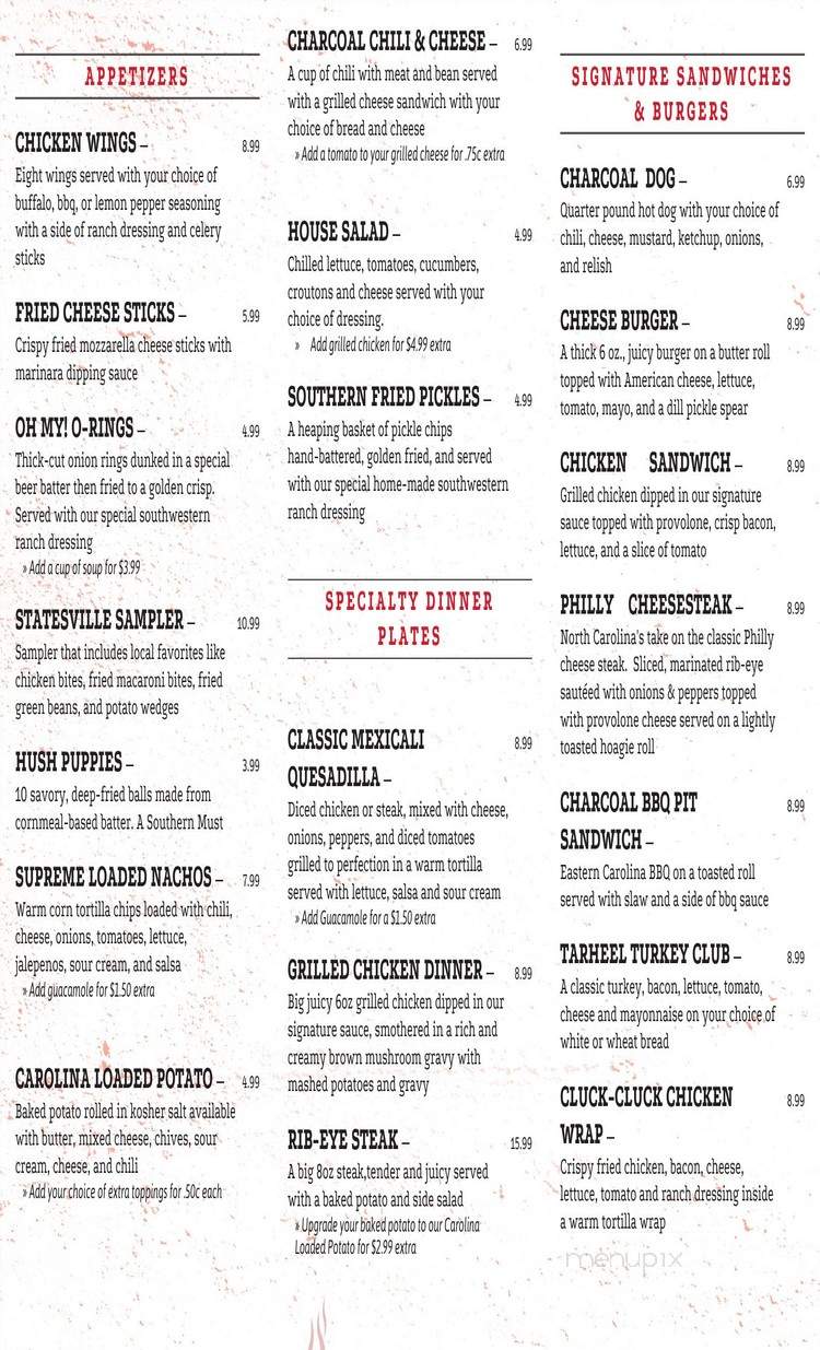 Charcoal Bar and Grill - Statesville, NC menu_pic