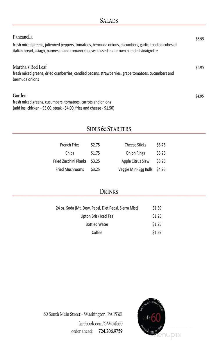 Cafe 60 - Washington, PA menu_pic
