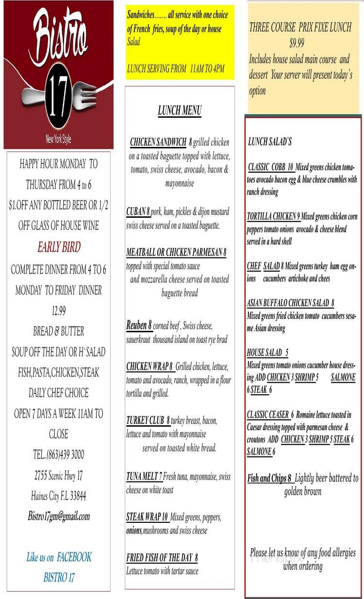 Bistro17 - Haines City, FL menu_pic
